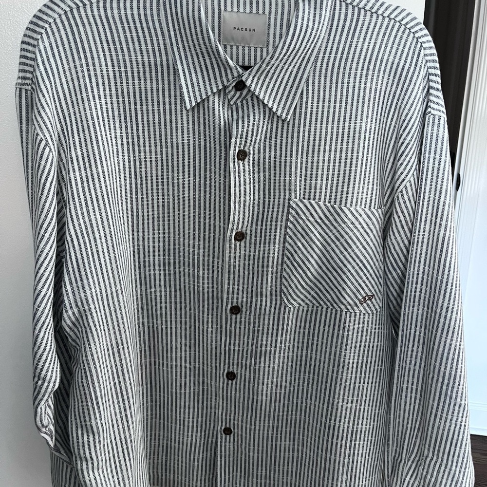 PacSun Blue and White Striped Men's Shirt Jacket - Medium